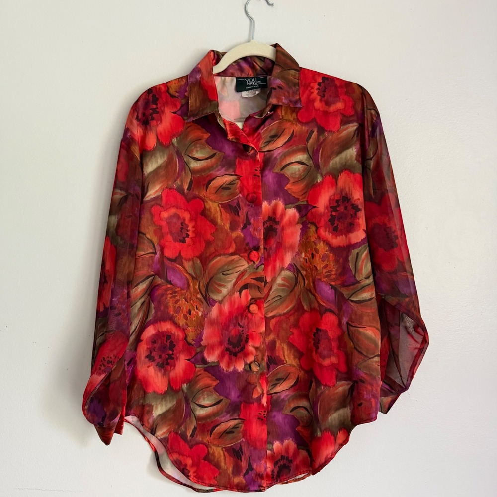 Younique Vintage Red Floral Button Up Blouse Sheer Poppy Print Shirt Medium USA